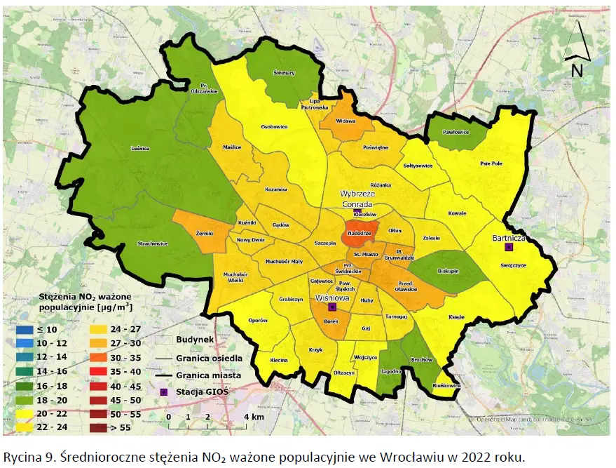 Średnioroczne stężenia NO₂ ważone populacyjnie we Wrocławiu w 2022 roku.