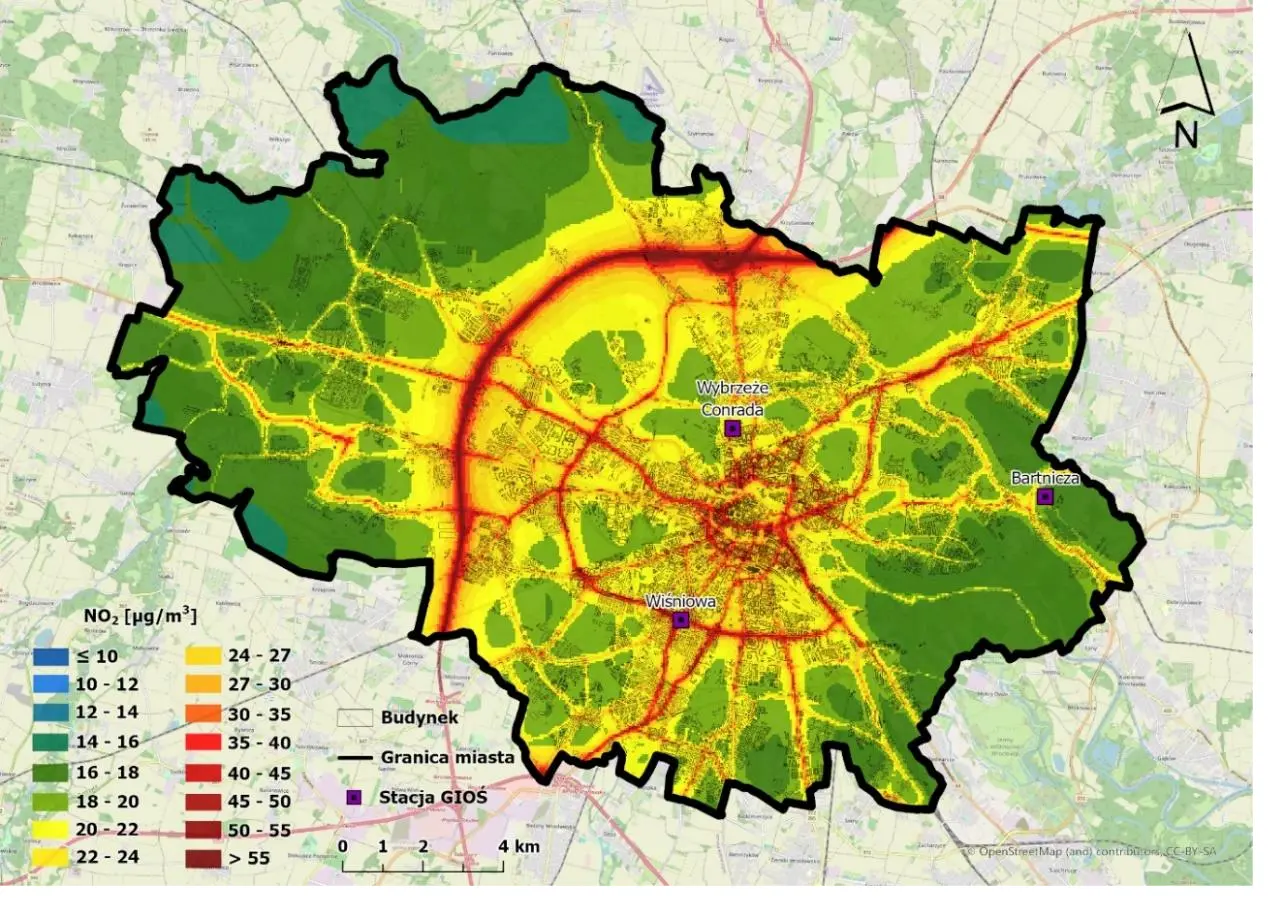 Średnioroczne stężenia NO₂ we Wrocławiu w 2022 roku, modelowane z wykorzystaniem modelu ADMS-Urban.
