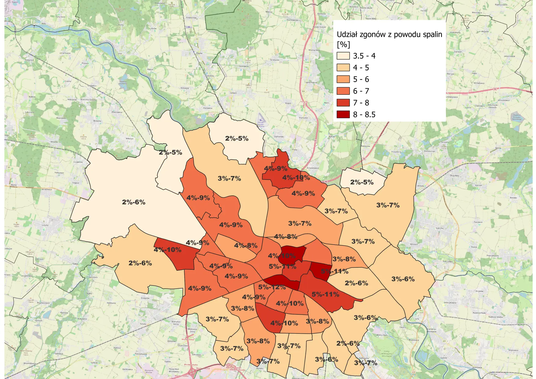 Procentowa ilość zgonów z powodu spalin ustalona zgodnie z metodyką Światowej Organizacji Zdrowia WHO na podstawie danych z <b><i>Modelowanie matematyczne rozkładu przestrzennego stężeń dwutlenku azotu dla wartości stężeń jednogodzinnych i średniorocznych na obszarze miasta Wrocław wraz z analizą wyników i wskazaniem uwarunkowań dla określenia obszaru strefy czystego transportu we Wrocławiu. </i></b>(Uniwesytet Wrocławski, grudzień 2024) Łukasz Adamkiewicz Europejskie Centrum Czystego Powietrza
